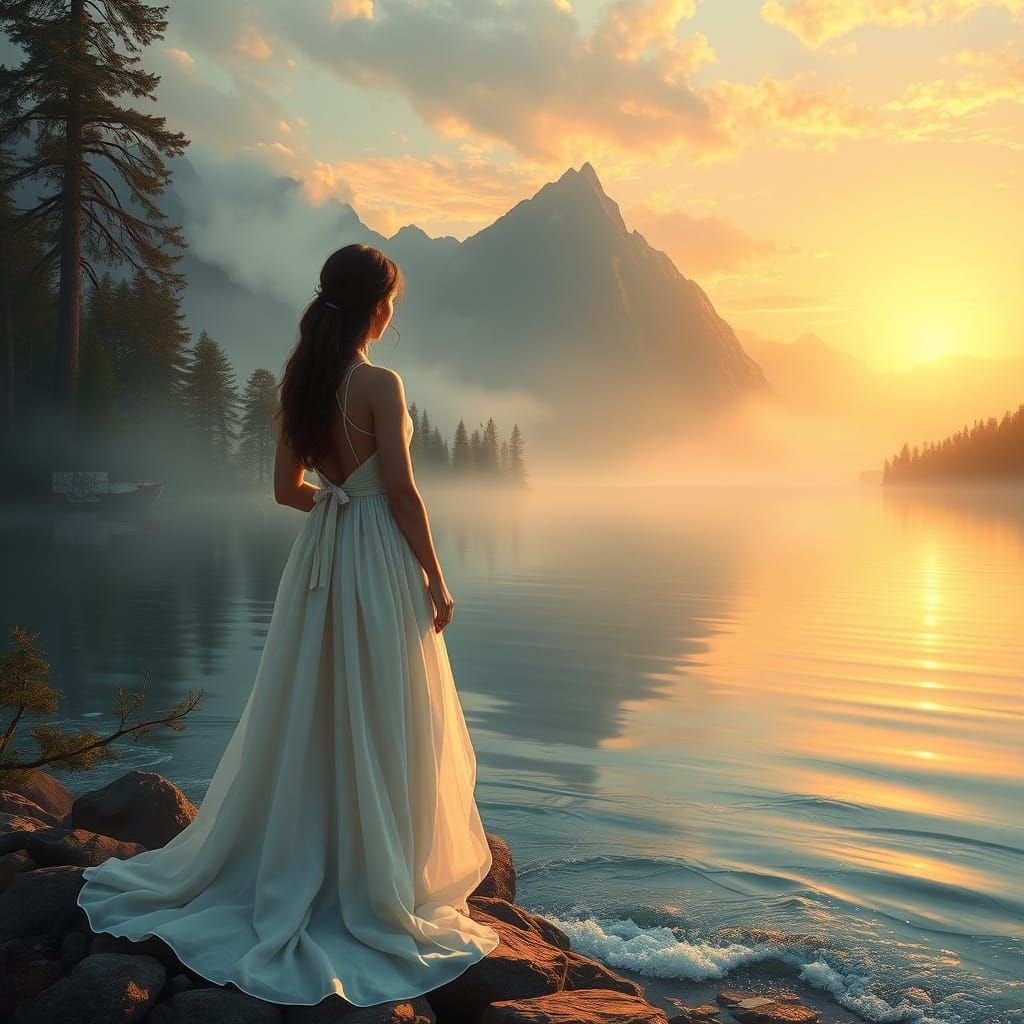 Serene Woman at Sunset Lake in Mystical Mountain Landscape