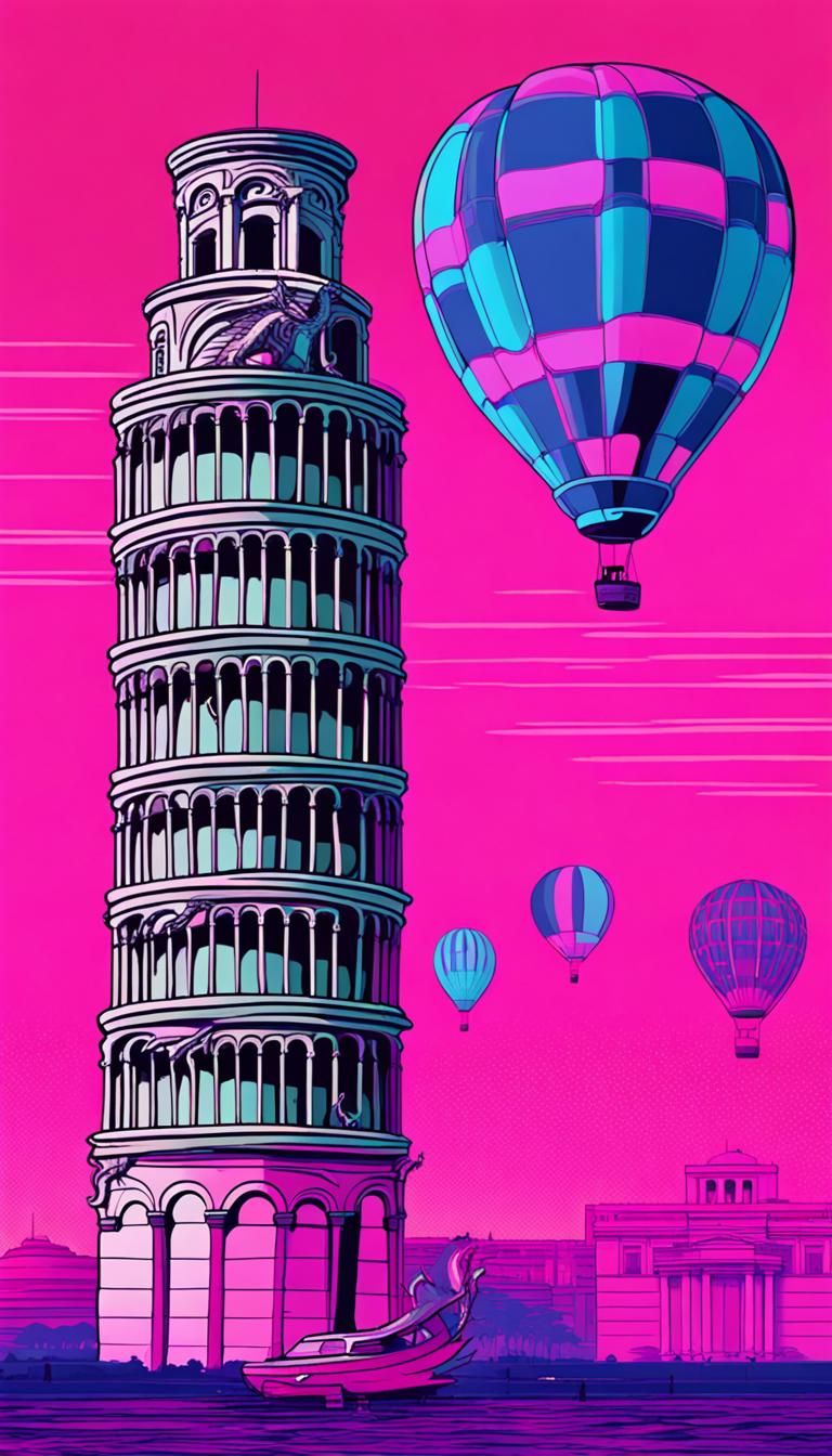 Miami 2073: Leaning Tower with Dragons in Synthwave Style