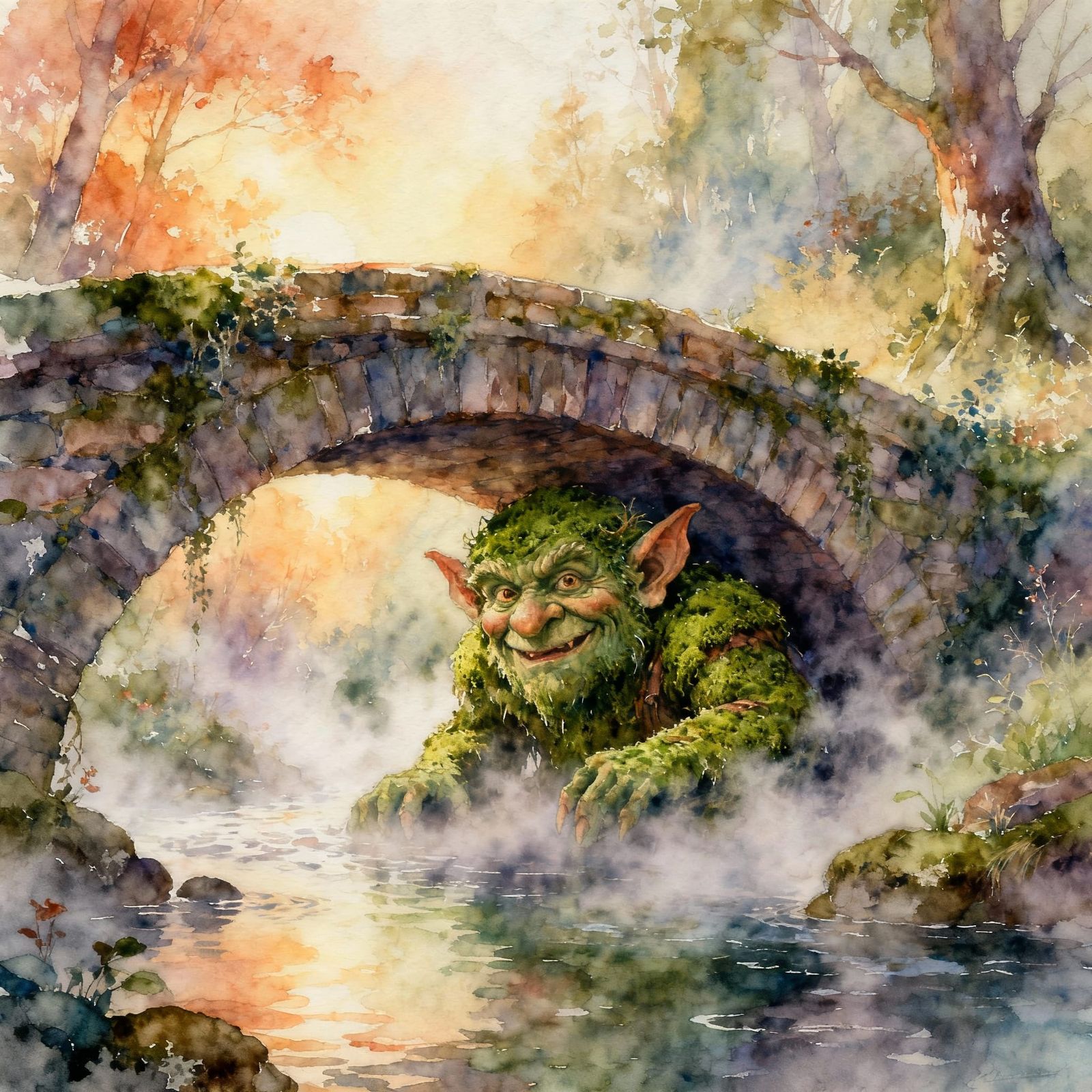 Mossy Troll Under Bridge, Vibrant Watercolor