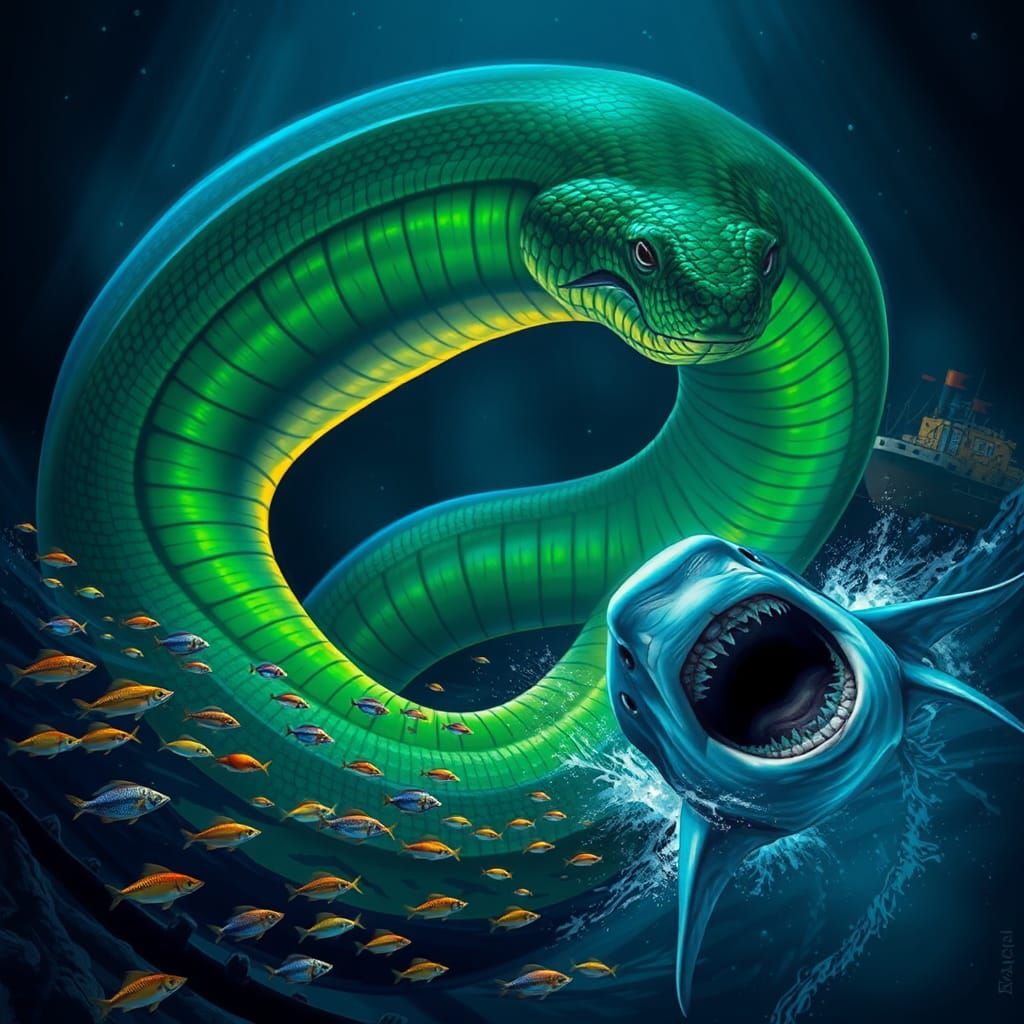 Anaconda vs Shark in Bioluminescent Deep Sea