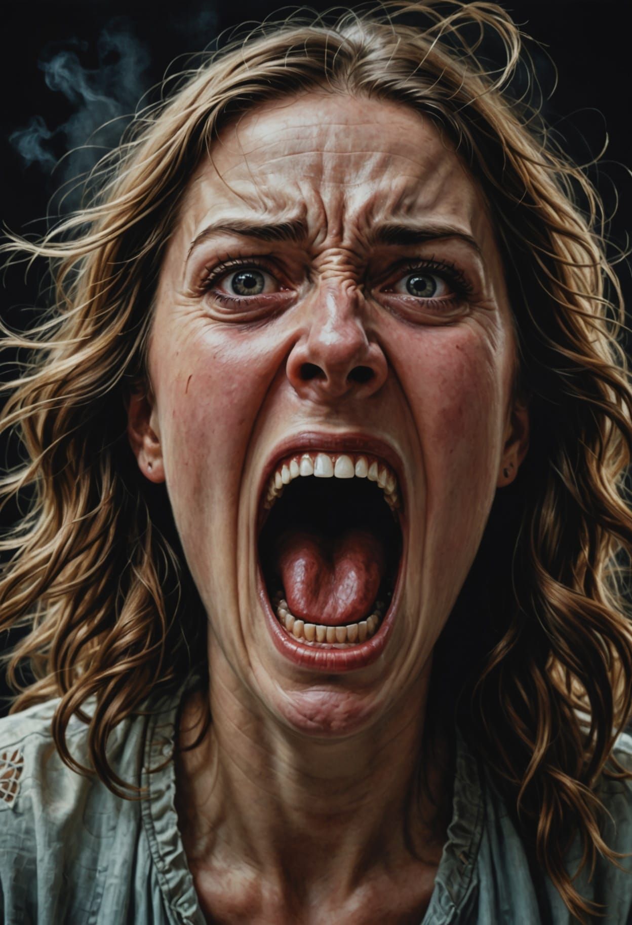 Terrified Woman's Scream: Hyperrealistic Horror Portrait