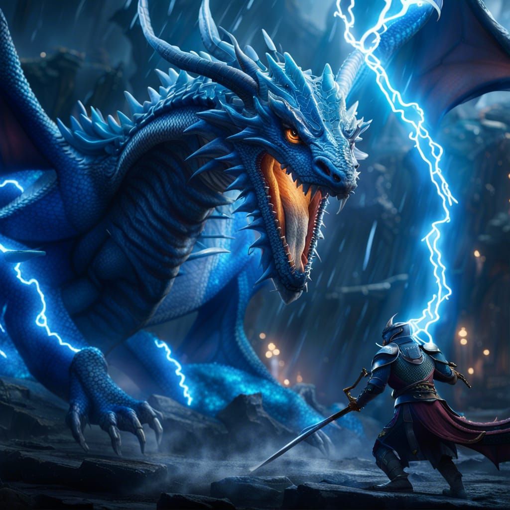Blue Lightning Dragon Battles Water Dragon