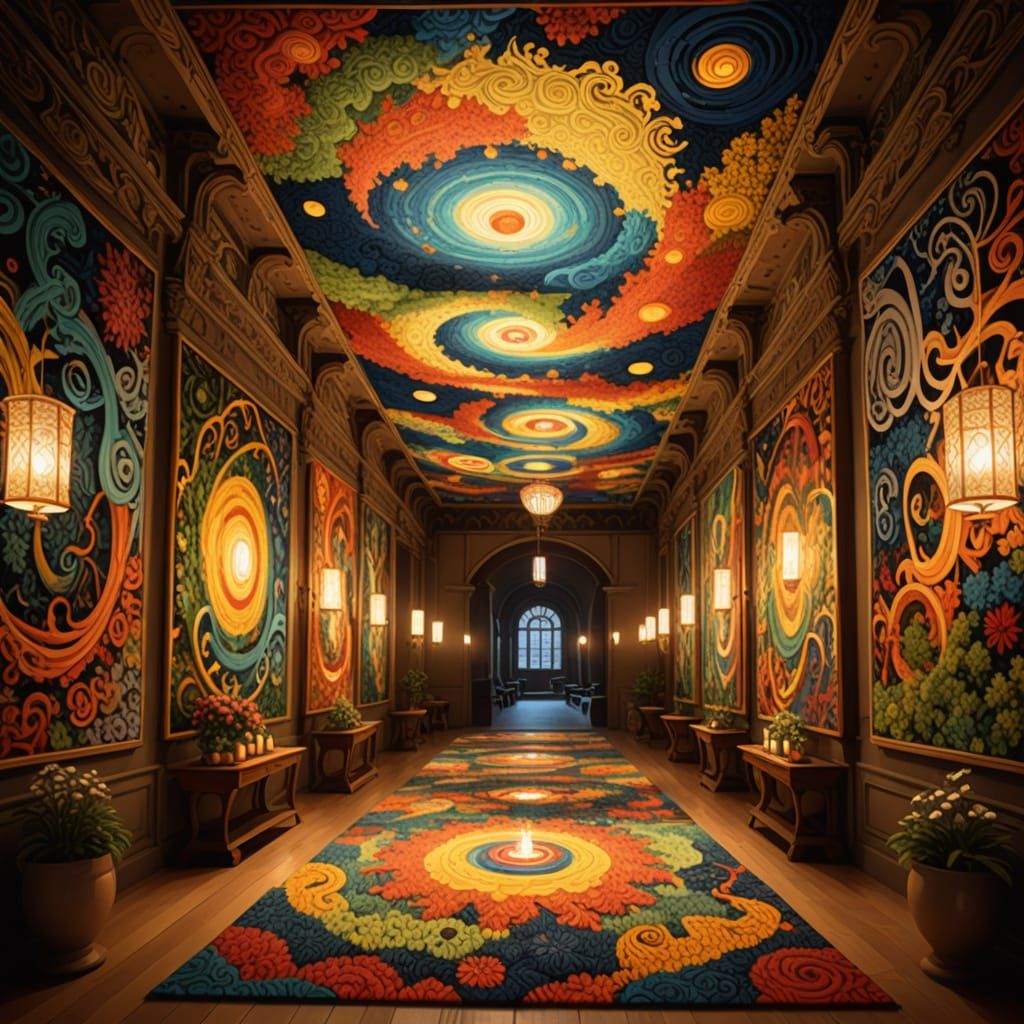 Painted Tapestry Hall Depicting Everyday Life in Glitch Art