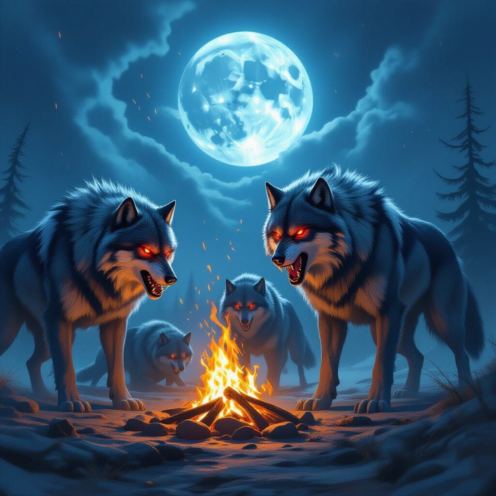 Dire Wolves Hunt Under Skyrim Moons in Stormy Digital Art