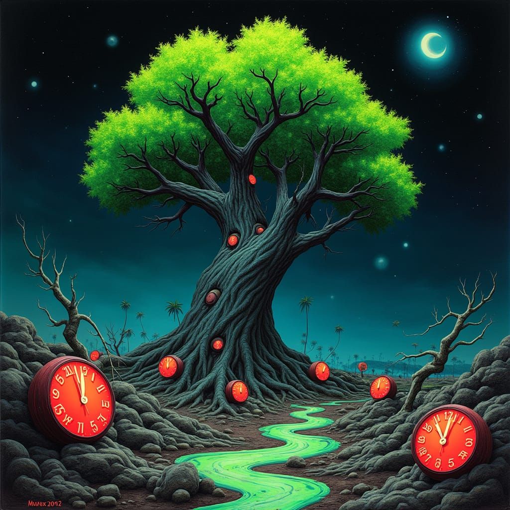Surrealist Dreamscape with Melting Clocks and Twisted Trees