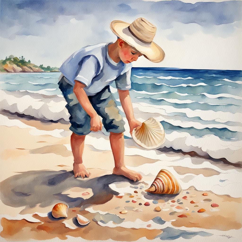 Seaside Boy Picking Shell in Loose Watercolour Style
