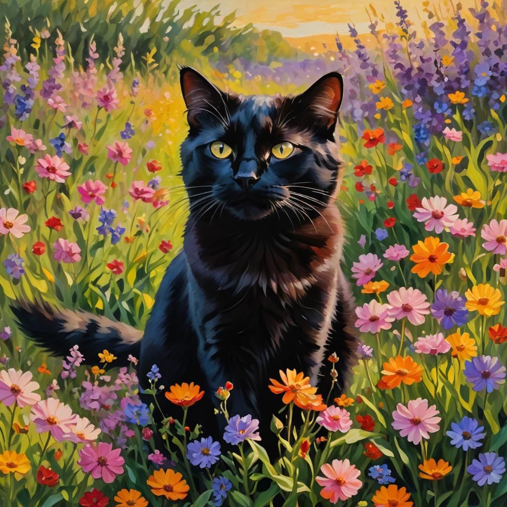 Black Cat in Flower Field: Impressionist Oil Painting