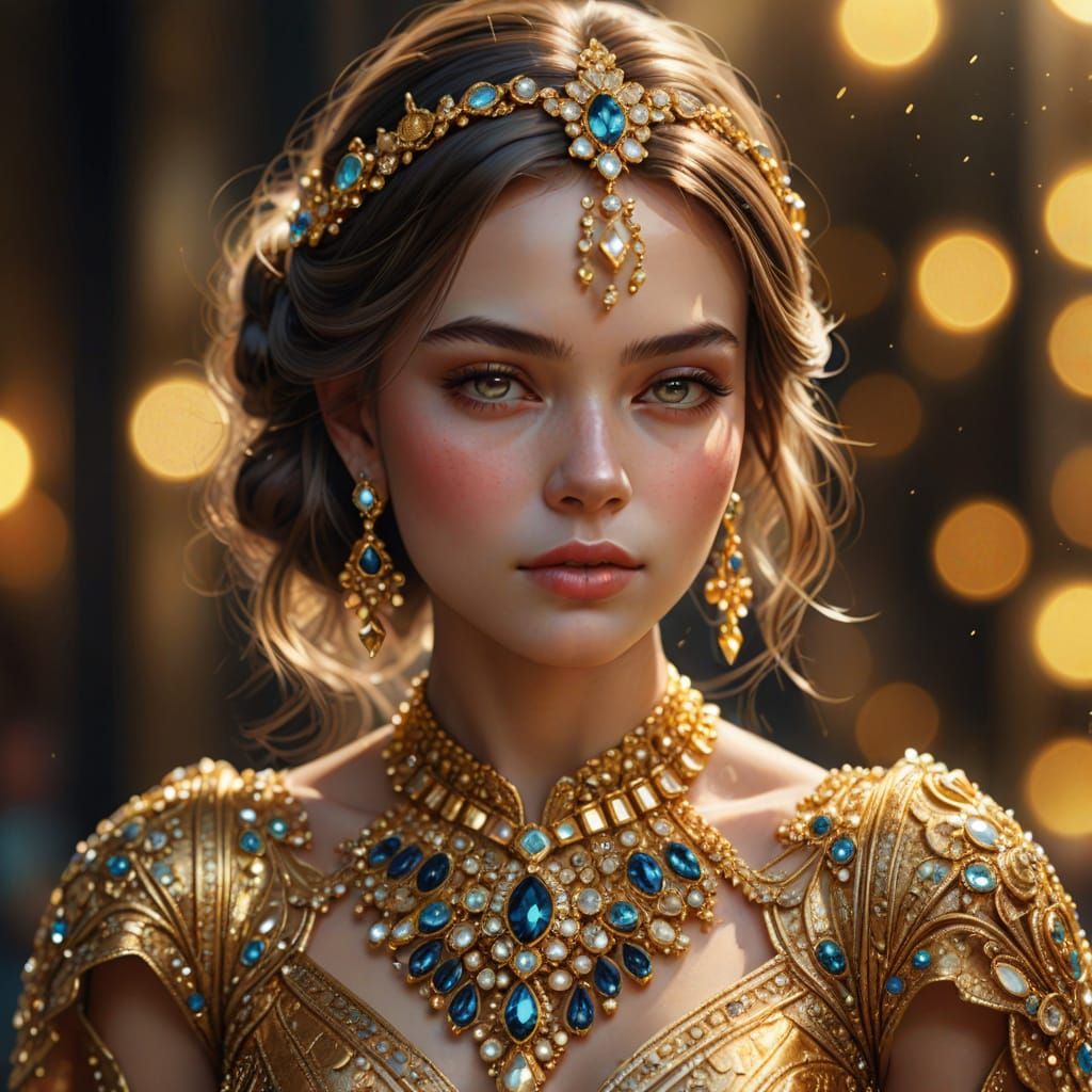 Girl in Golden Dress with Vibrant Jewelry