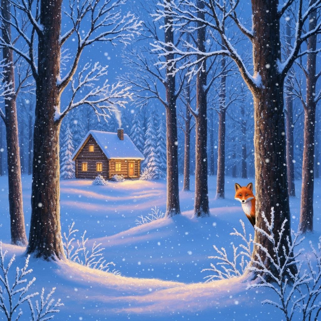 Cozy Cabin in Snowy Woodland with Fox