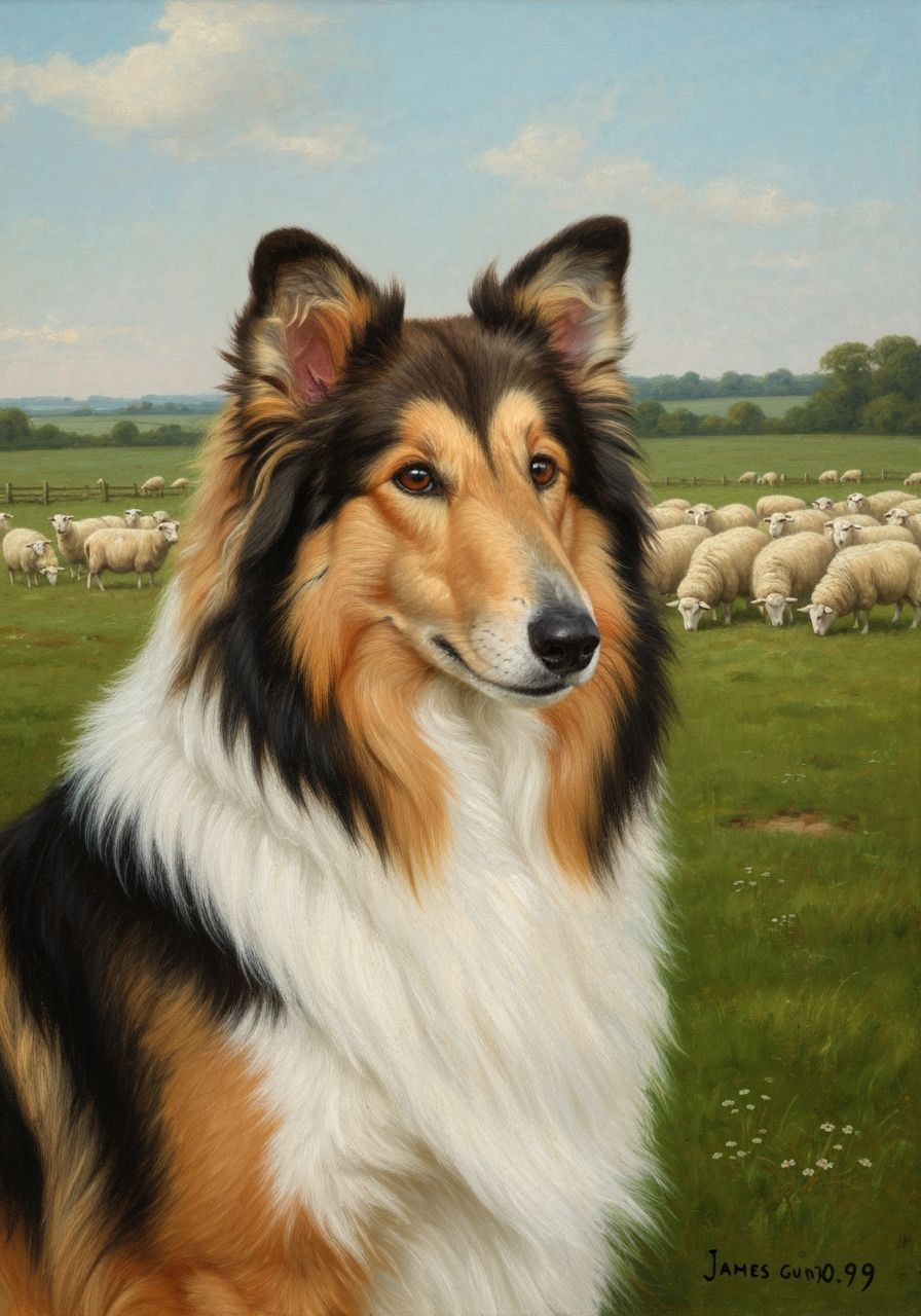 Portrait of a collie, in the background is a flock of sheep ...