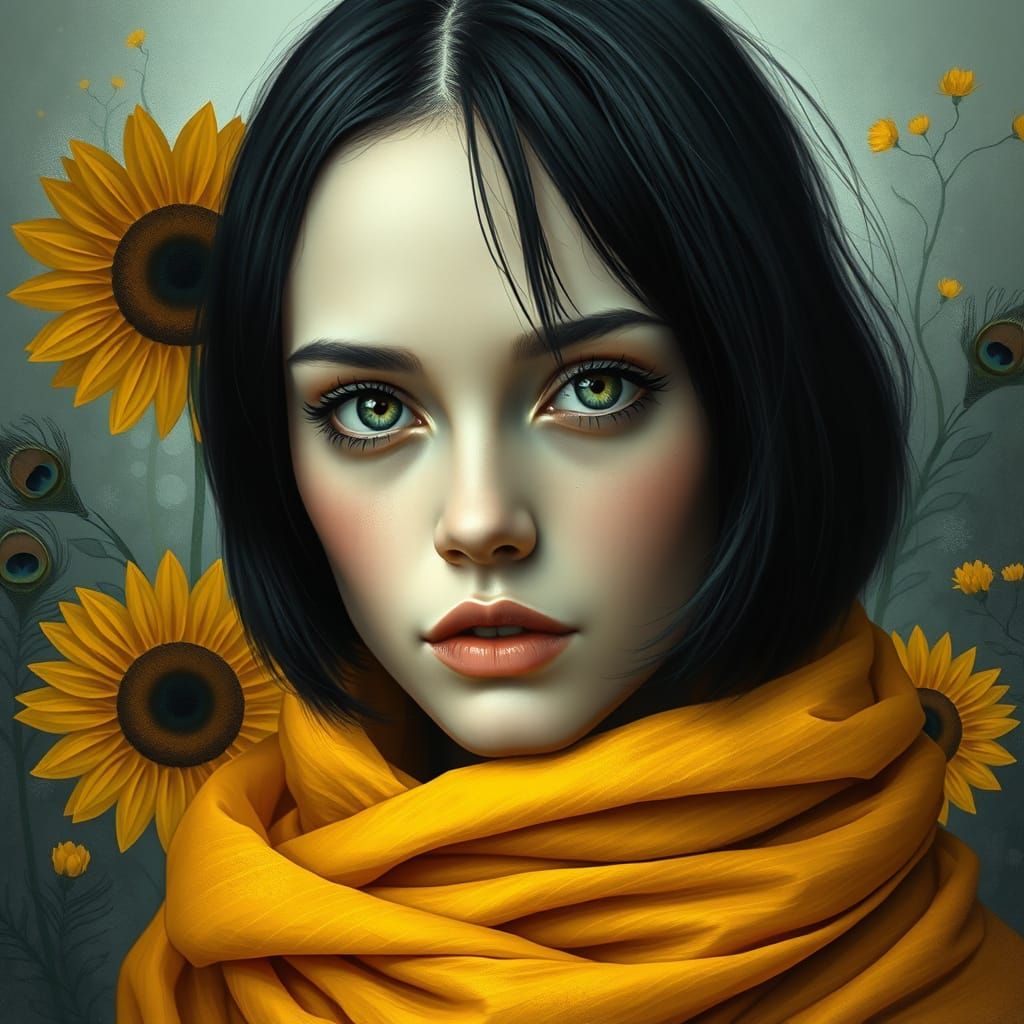 Mysterious Woman with Green Eyes in Golden Scarf