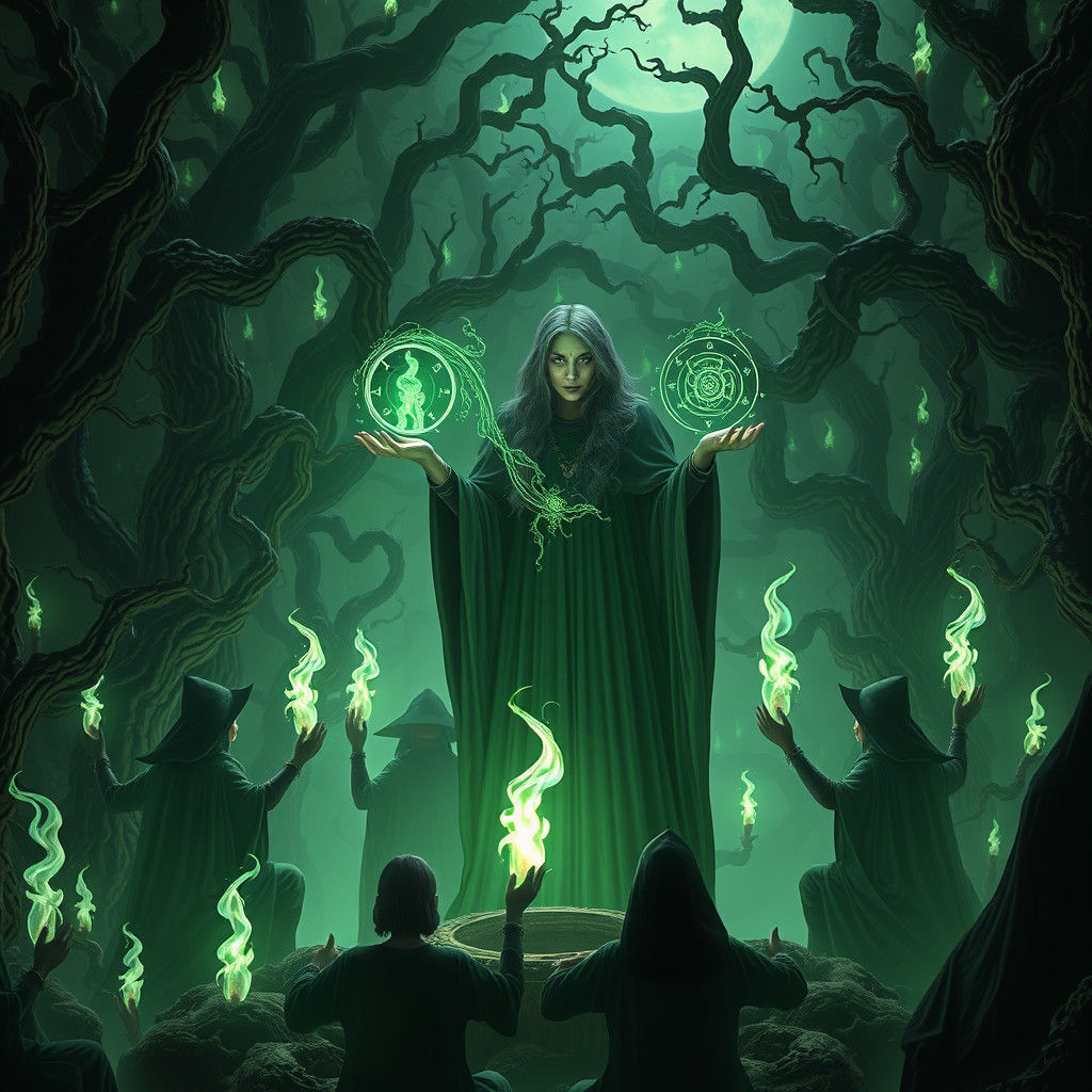 Mystical Coven Gathering with Emerald Flames