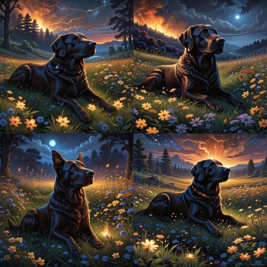 Chocolate Labrador Dog in a Whimsical Wildflower Field Scene