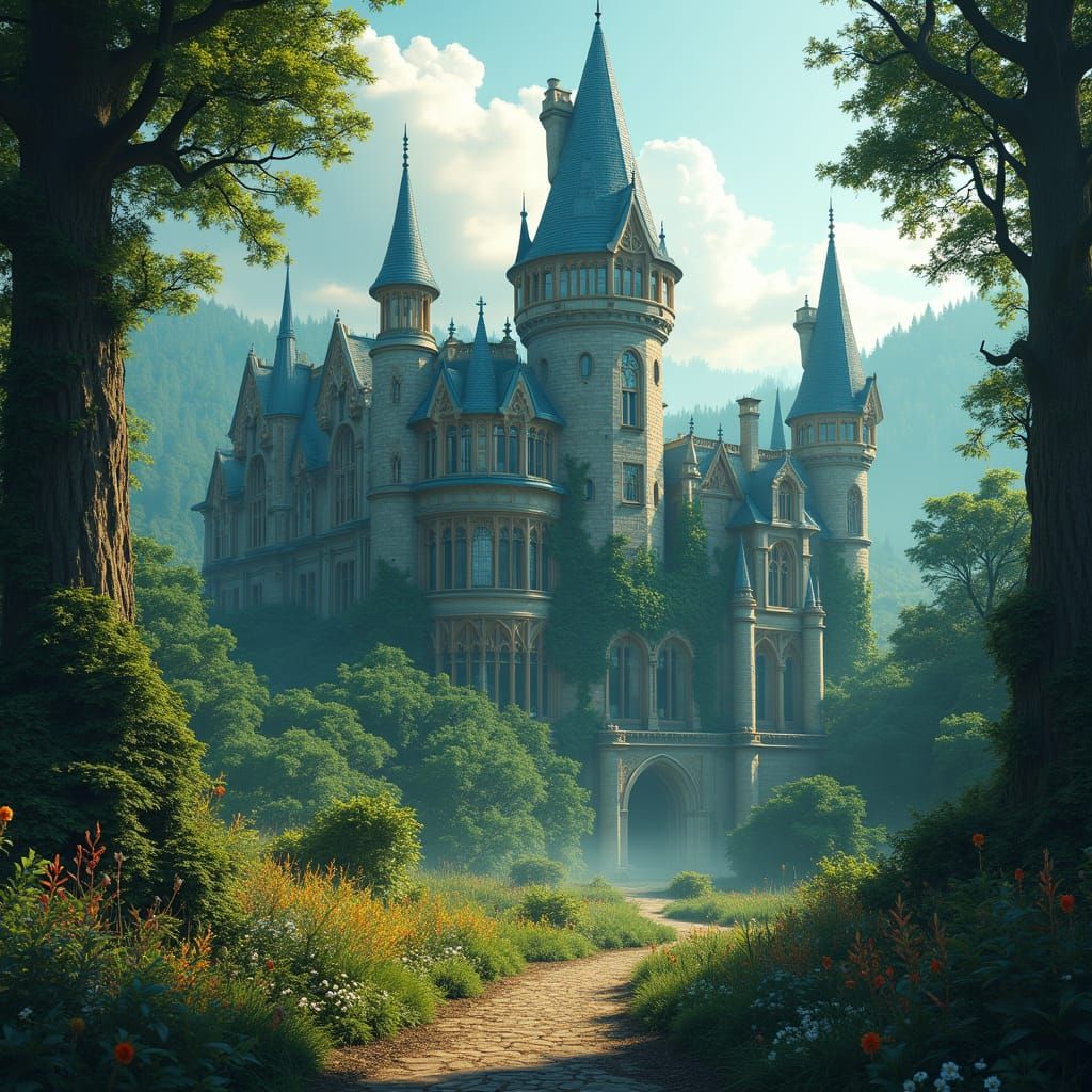 Enchanted School in Lush Forest: Fantasy Concept Art