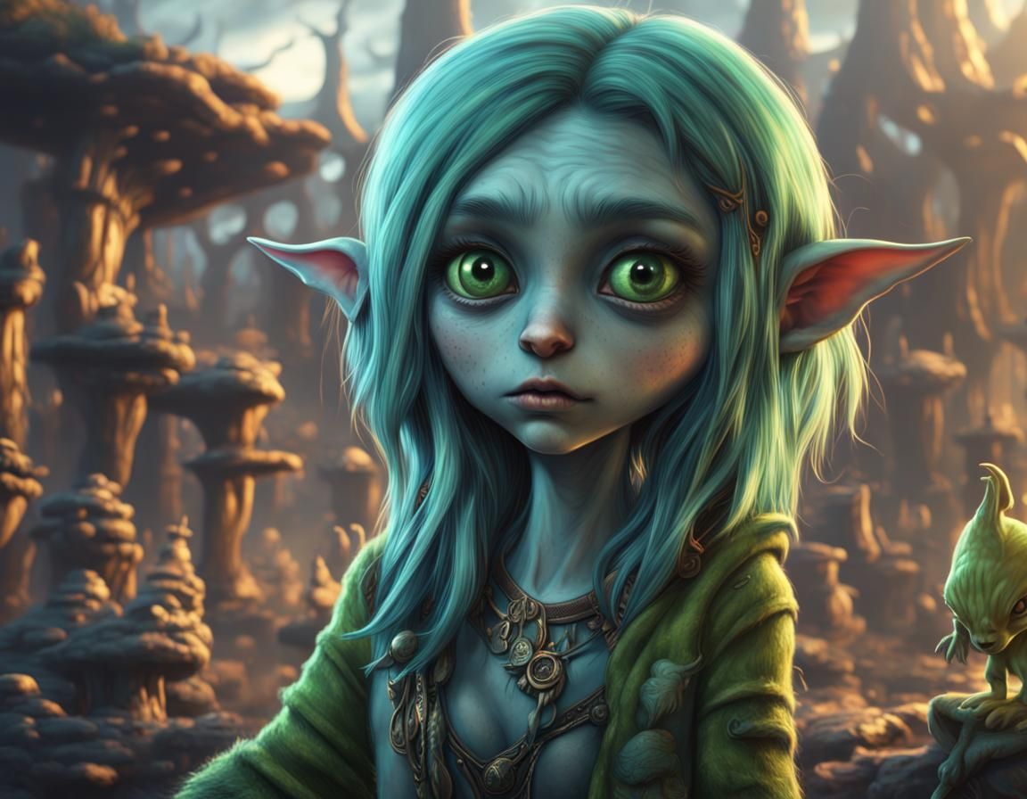 Cute Goblin Girl with Blue Hair: Digital Matte Painting