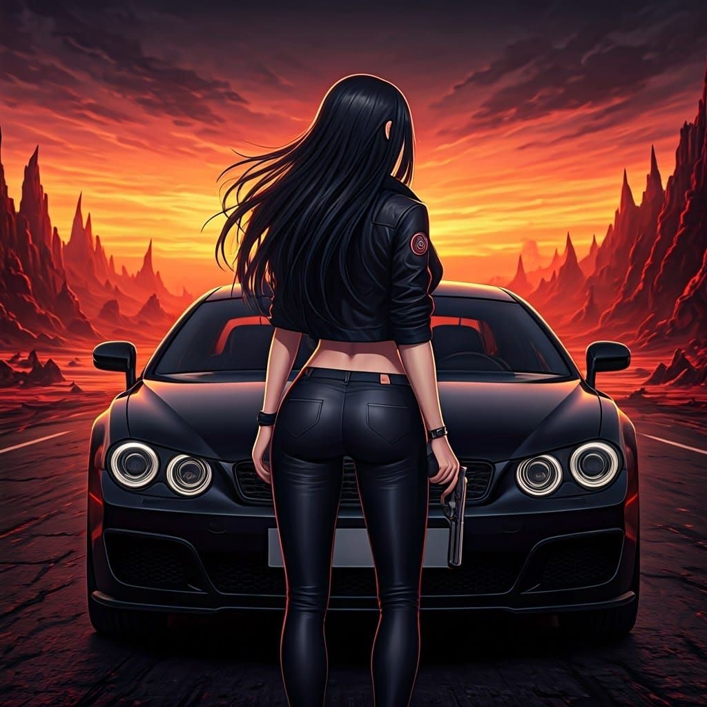 Dark Fantasy Anime Woman in Hellish Landscape