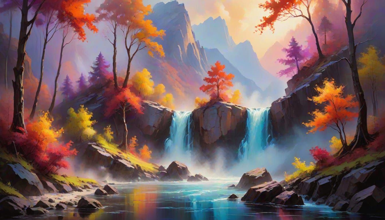 Mystical Forest Illuminated by Vibrant Red Waterfall in Oil ...