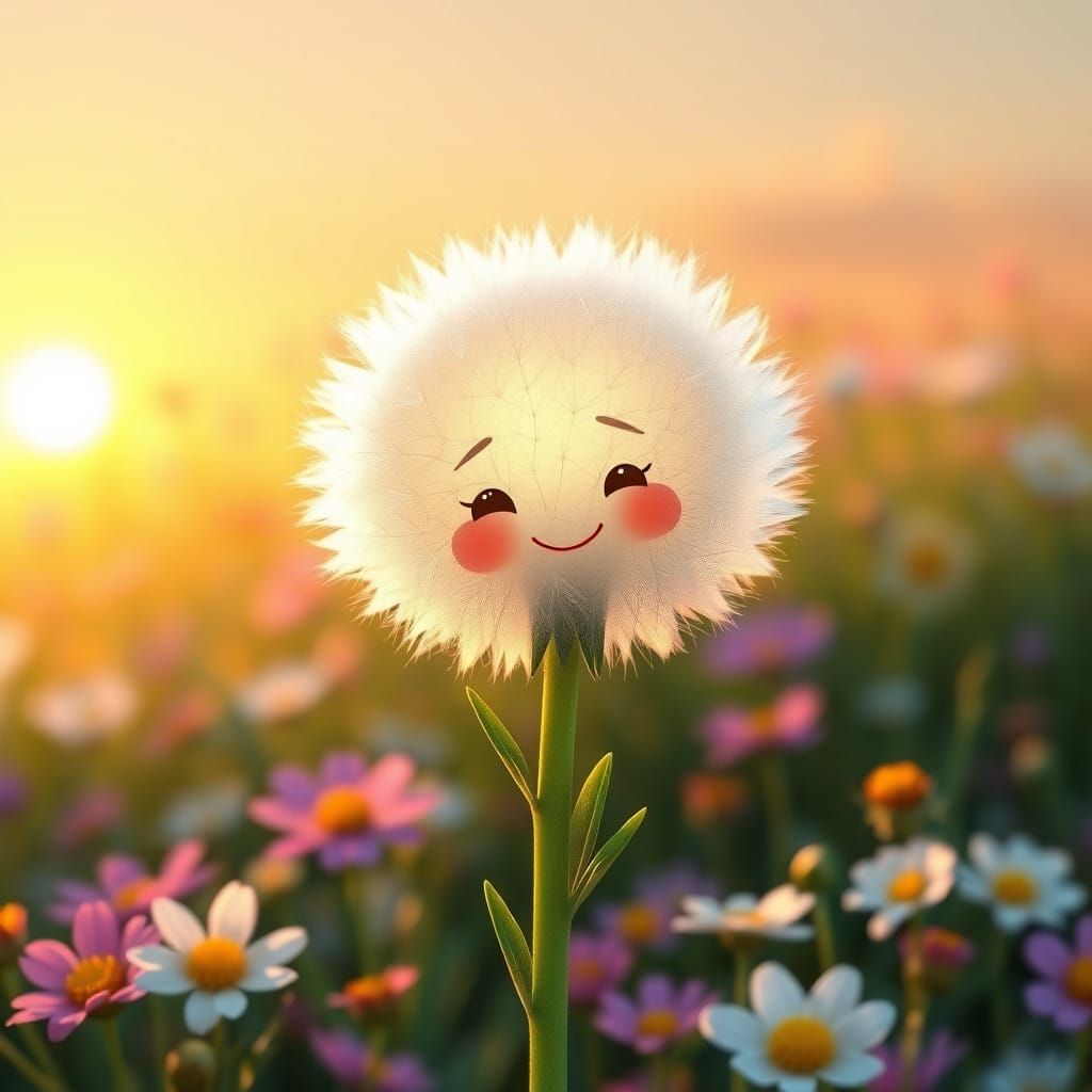 Whimsical Dandelion Fairy in Vibrant Pastel Meadow