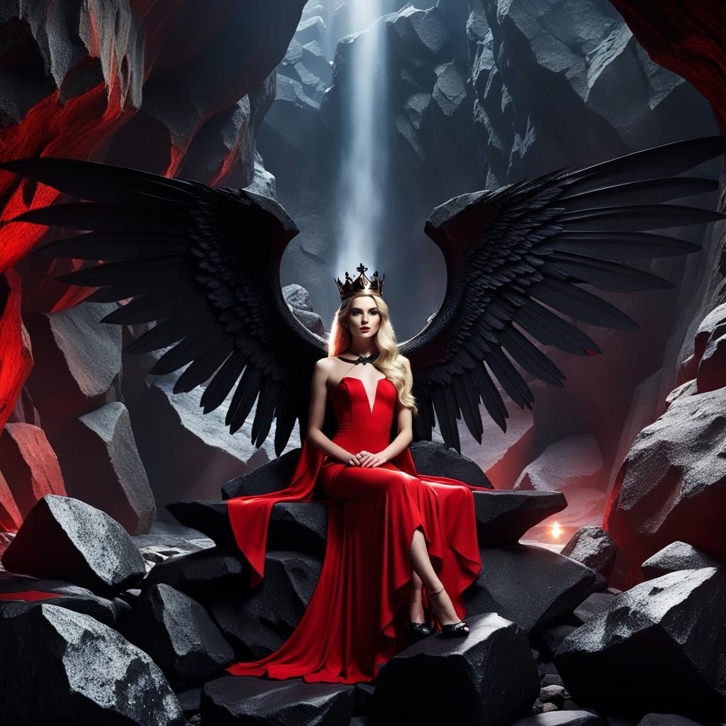 Goddess Lilith on Obsidian Throne in Basalt Cavern