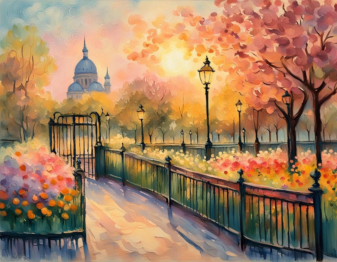 Parisian Park Sunset: Impressionist Mixed Media Painting
