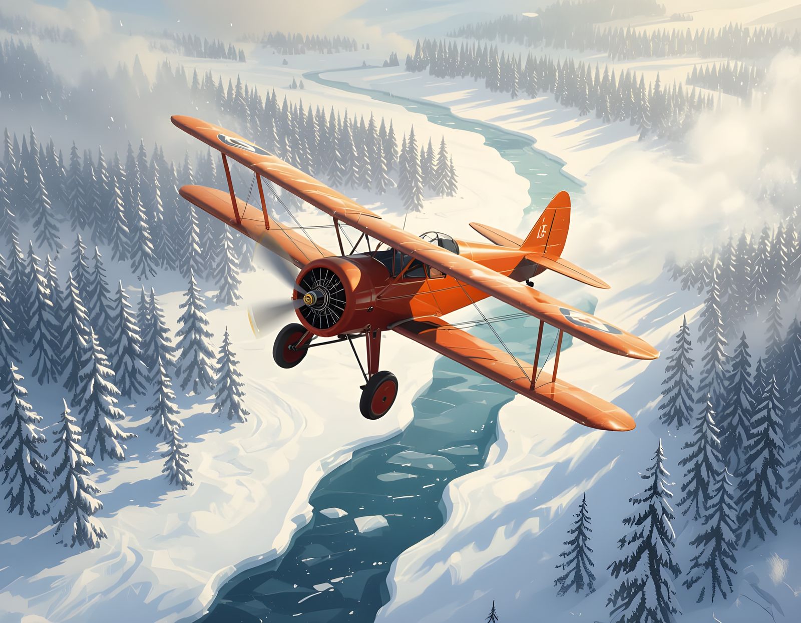 Vintage Biplane Banking Over Snowy Alaskan Landscape