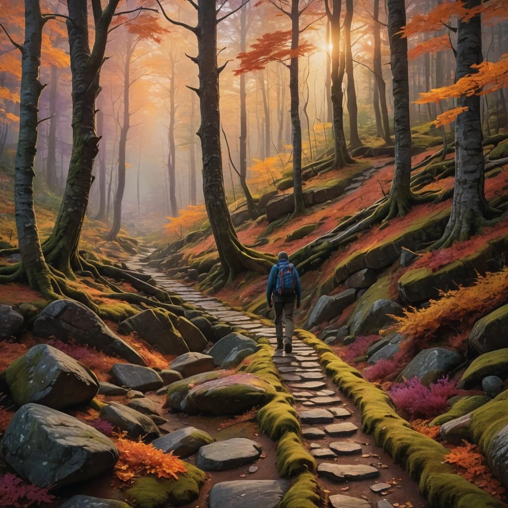 Acadia National Park Hiker in Fantasy Autumn Light