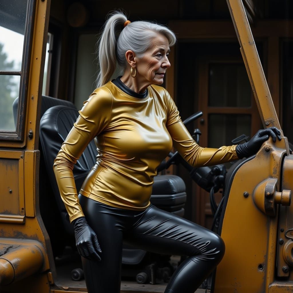 Elderly Woman in Chrome Silver Yellow Latex Climbing Bulldoz...