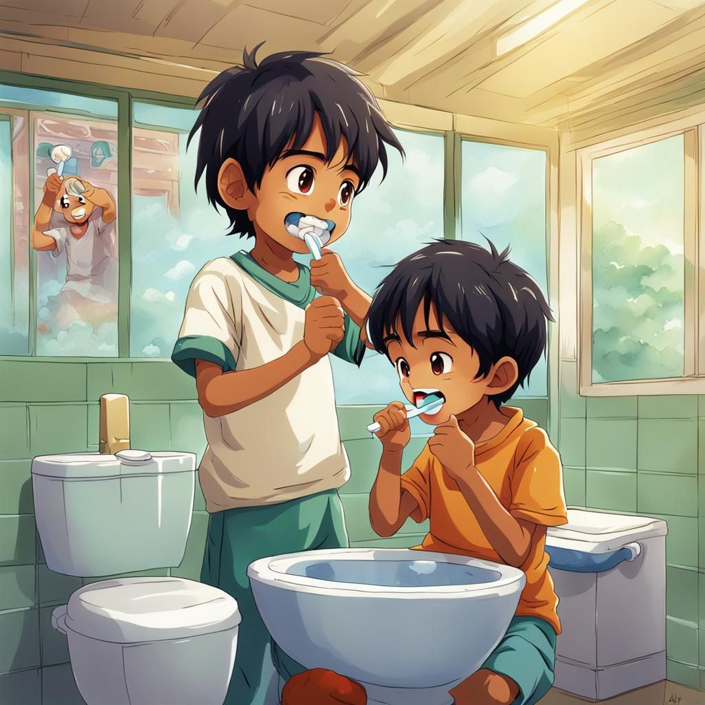 Indian Kid Brushing Teeth in Anime Style