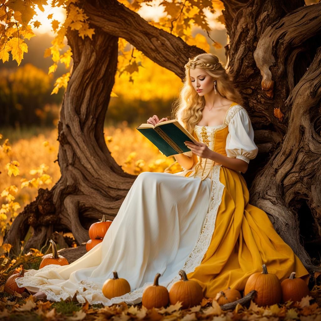 Ethereal Maiden Reading at Sunset: A Pre-Raphaelite Vision