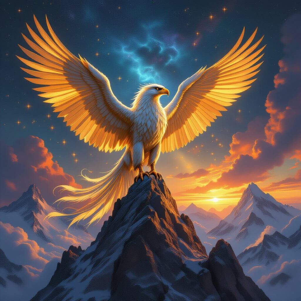 Majestic Griffin on Crystalline Peak with Molten Gold Feathe...