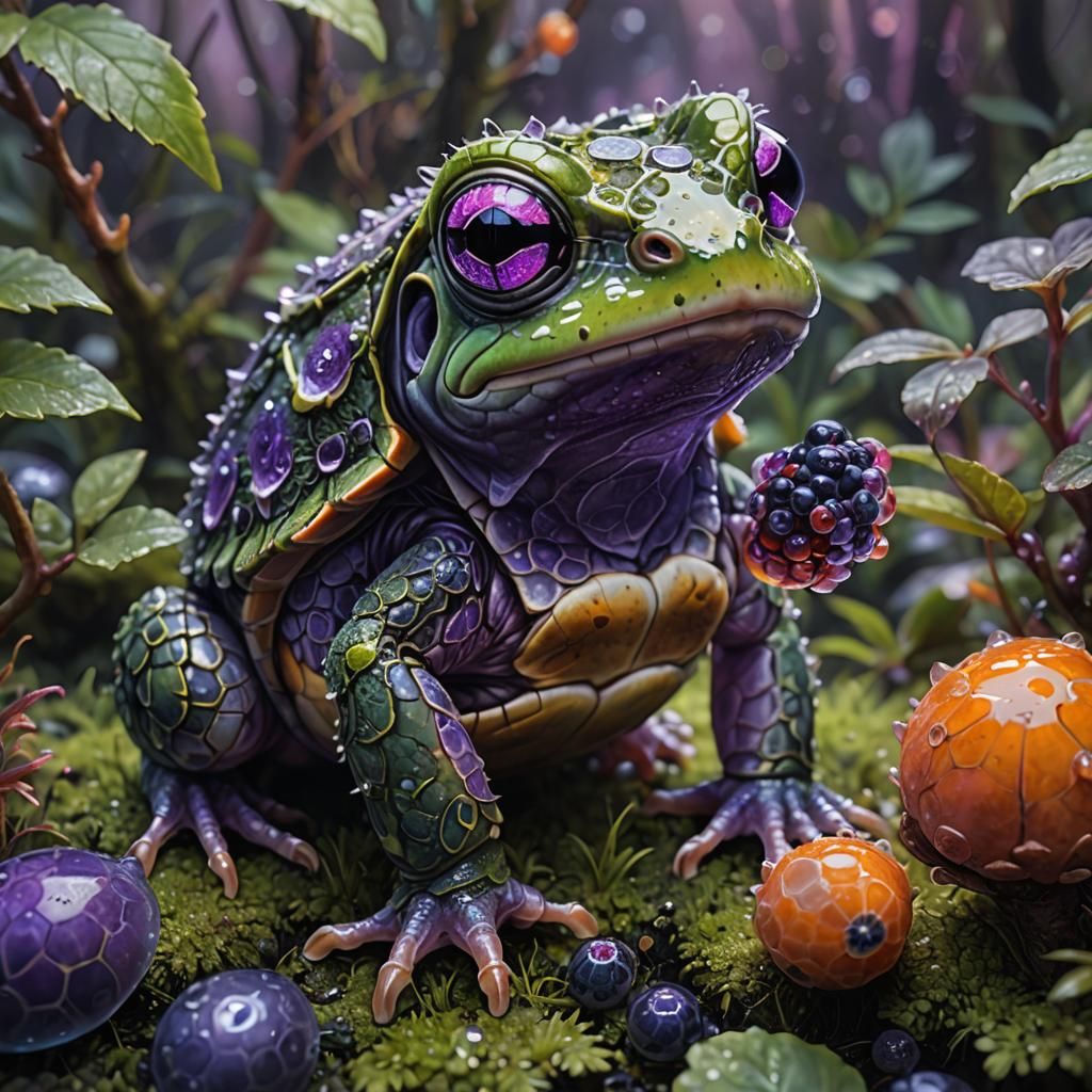 Cute Frog-Tortoise Creature with Glowing Eyes, Digital Art