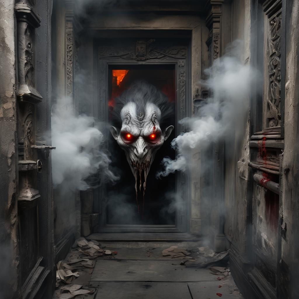 Eerie Smoke Creature with Red Eyes in Dark Hallway