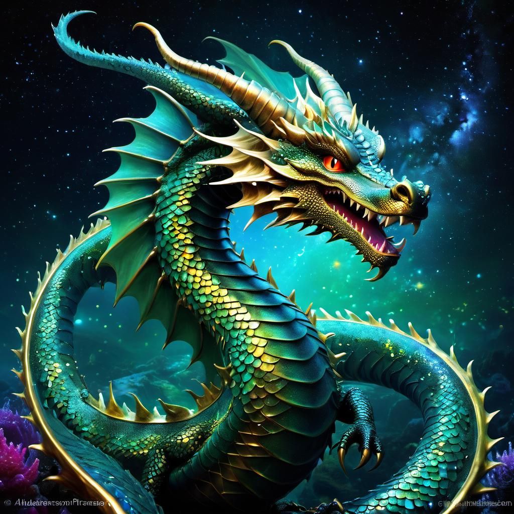 Underwater Dragon in Spiraling Bioluminescent Galaxy