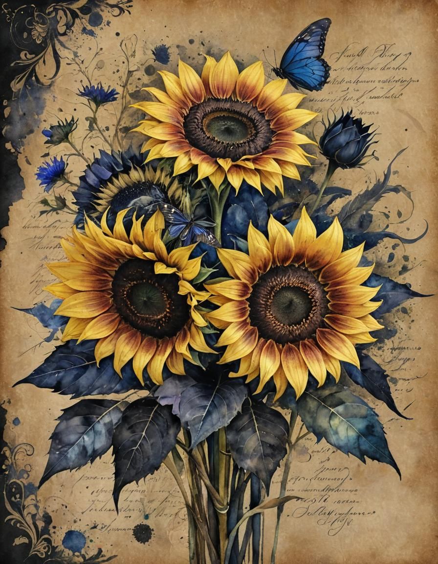 Gothic Watercolor Sunflowers Bouquet with Raven