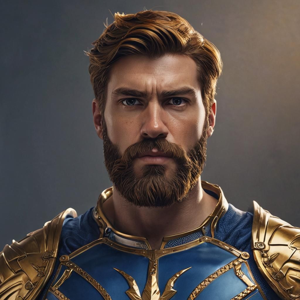 Handsome Bearded Superhero in Vibrant Blue and Gold Armour
