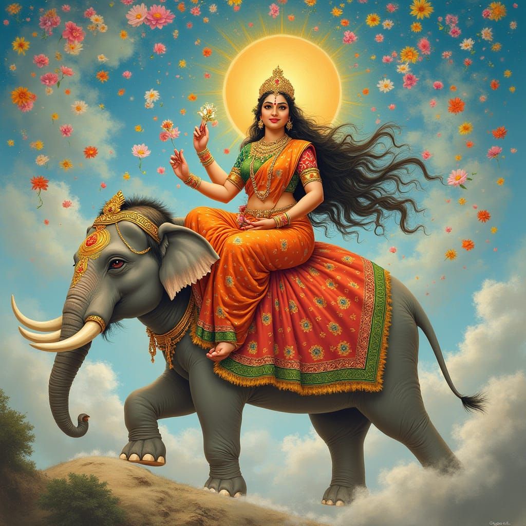Goddess Durga Soars on Elephant, Showering Flowers