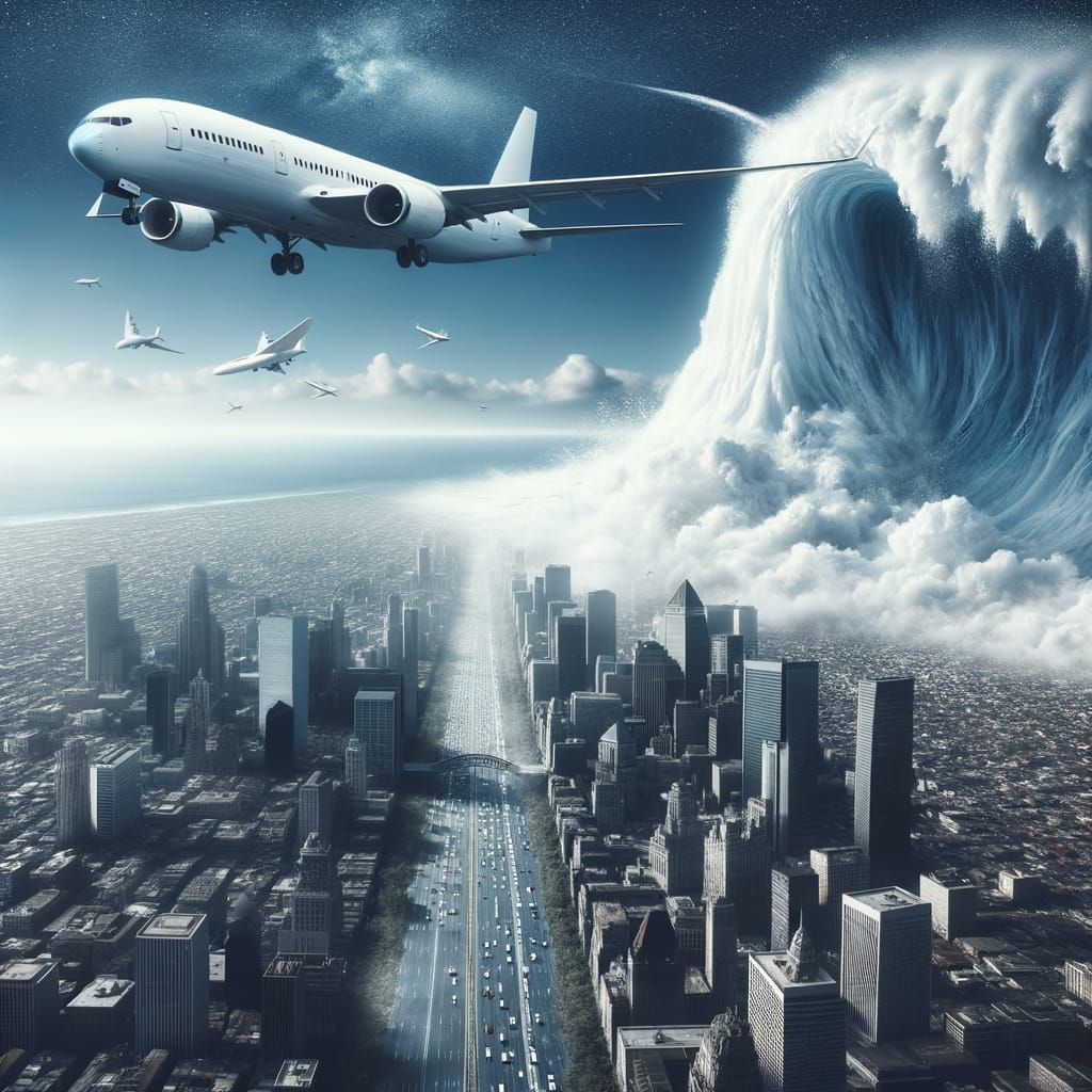 White Plane Falls Under Tsunami Over Detailed Cityscape