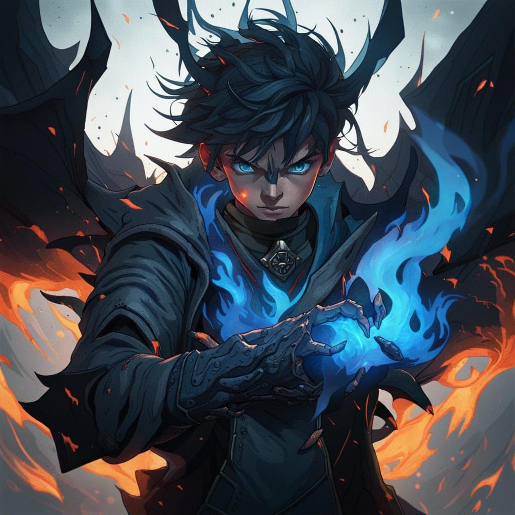 Teenage Demon engulfed in Blue Flames, Dark Fantasy Art