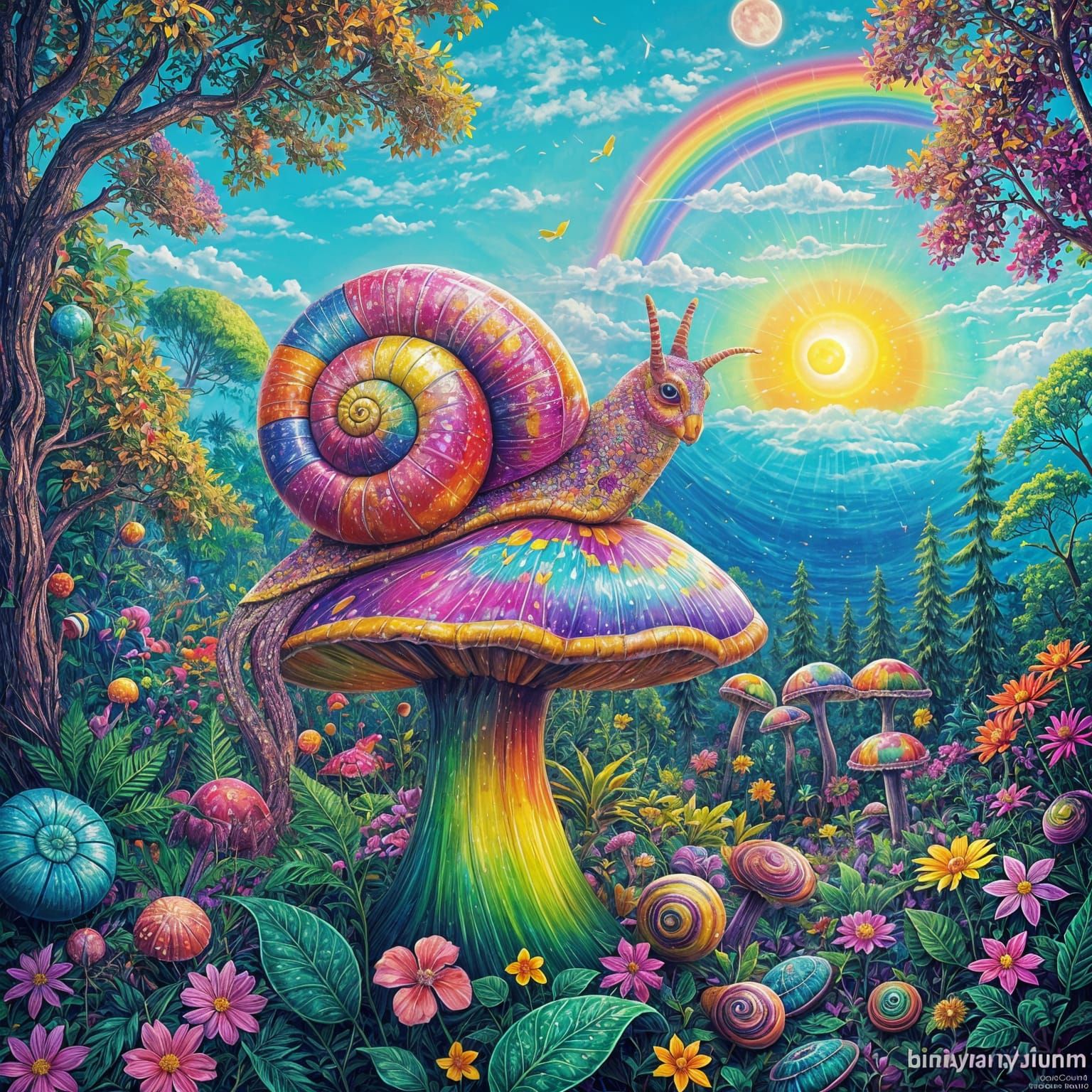 Psychedelic Rainbow Snail on Mushroom in Graffiti Art