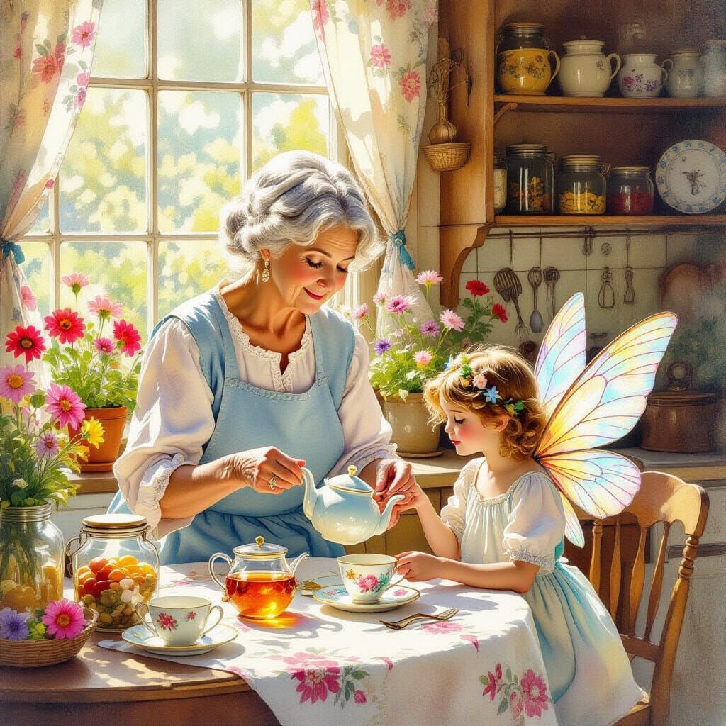 Whimsical Kitchen Scene with Fairy and Grandmother in Art No...