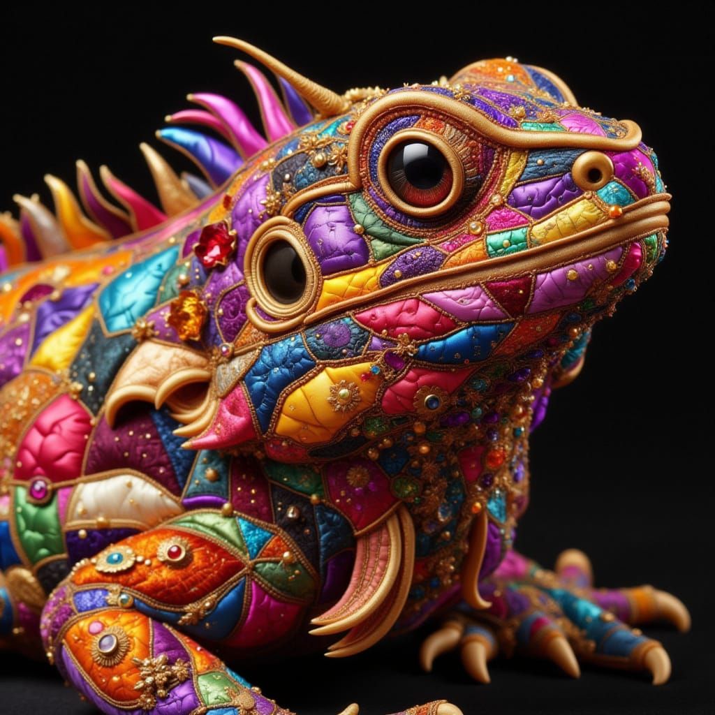 Close Up Lizard Portrait in Crazy Quilted Style