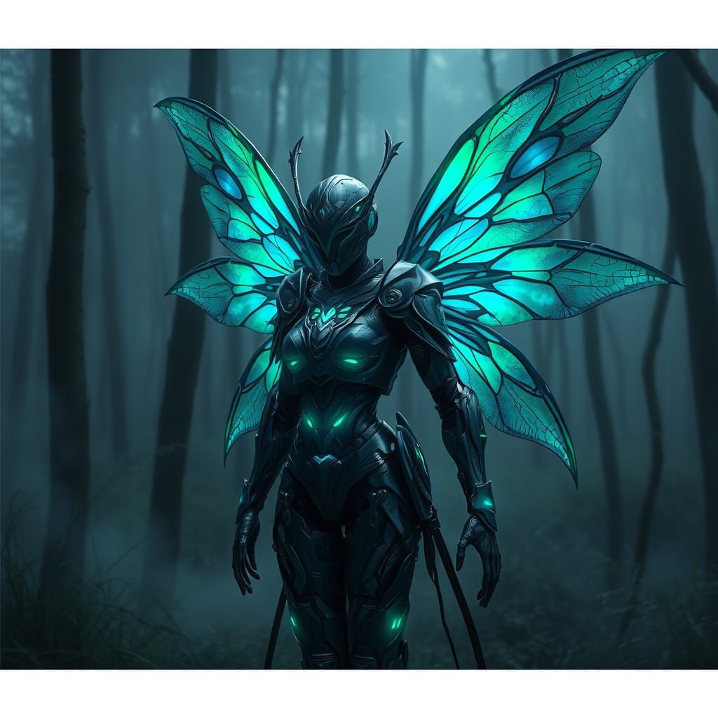 Cybernetic Fairy with Bioluminescent Wings in Dark Woods