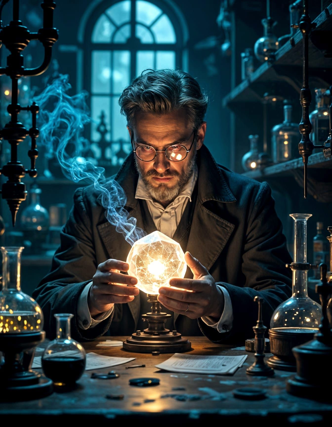 Victorian Scientist Examining Glowing Crystal as Matte Paint...