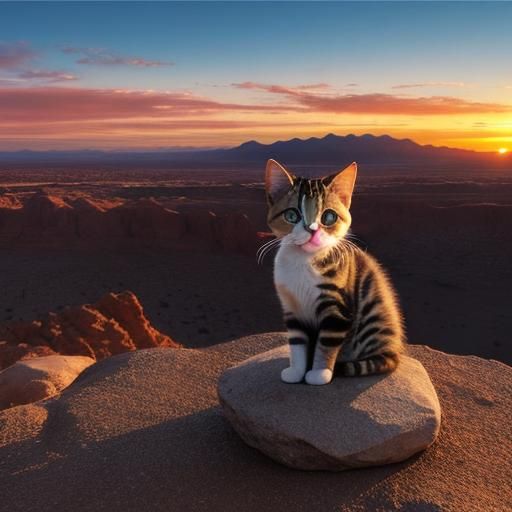Grumpy Kitten at Desert Sunset Landscape