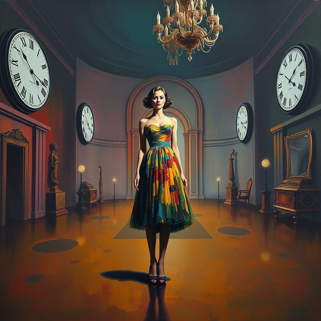 Surreal Ballroom: Woman in Vibrant Dress, Dali Style