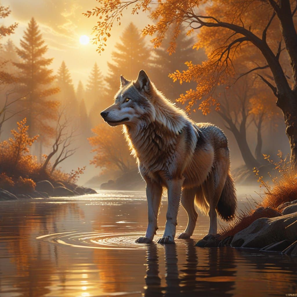 Mystical Wolf Spirit in Golden Hour Fall Sky
