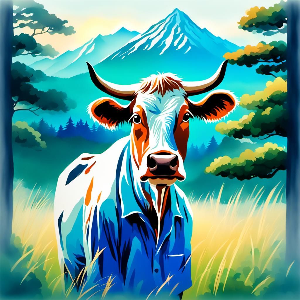 Anime Cow in Field with Japanese Watercolor Style