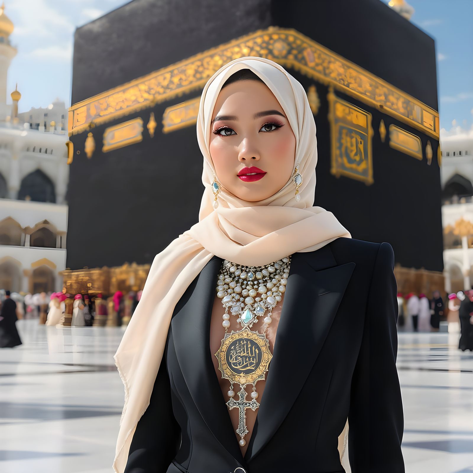 Elegant Woman at Ka'bah in Vibrant Maximalist Style