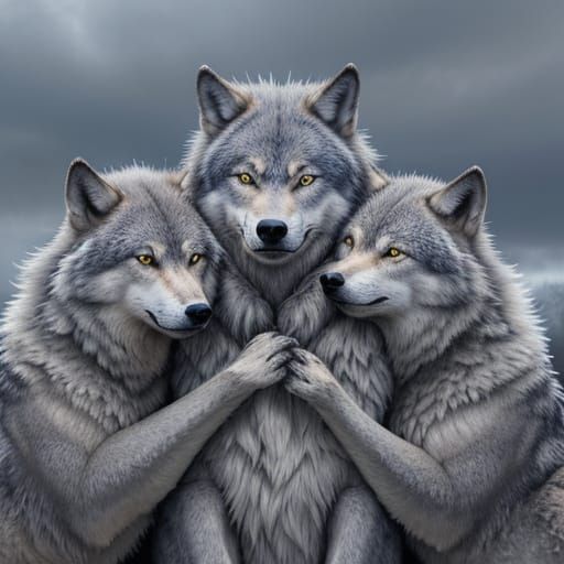 Three gray wolves growing a lighter winter coat and huddling...