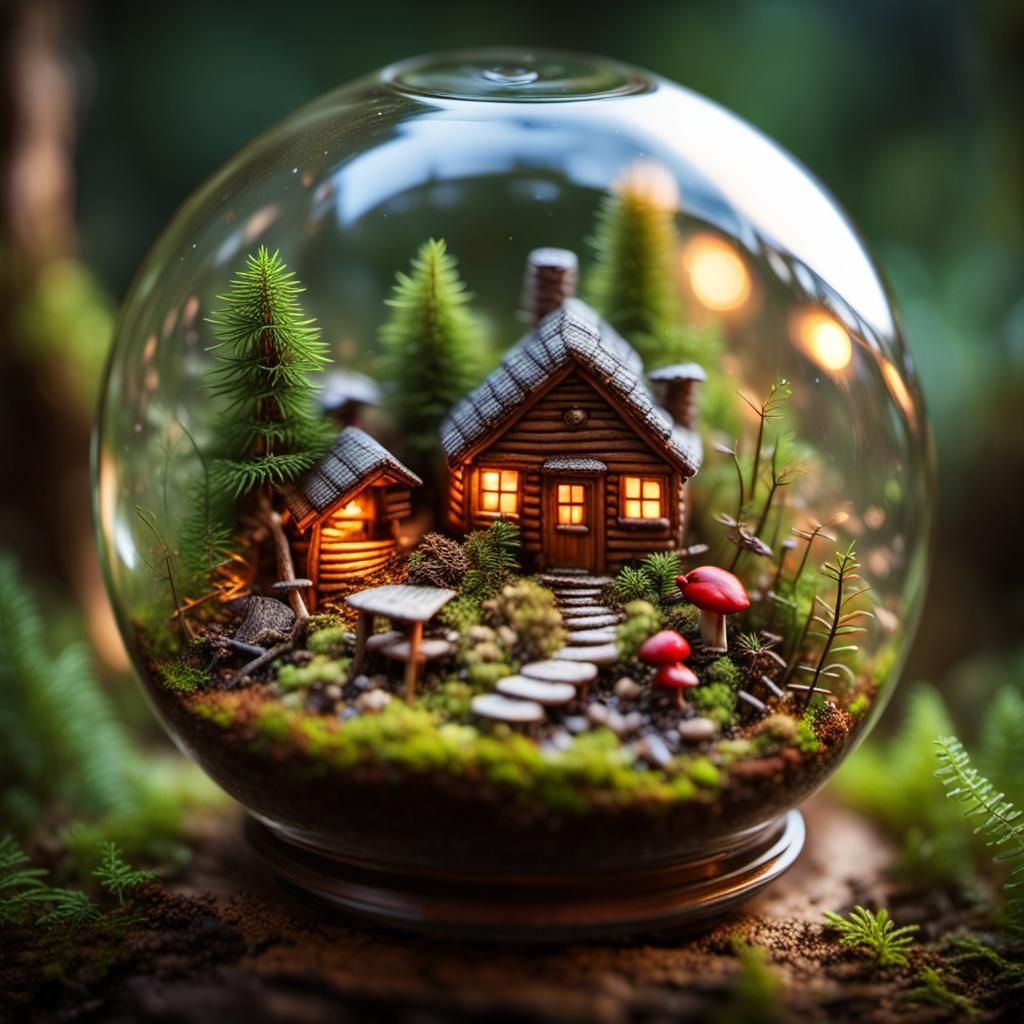 Detailed Microscopic Forest Terrarium with Log Cabin